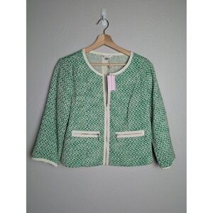 CAbi Jacket Womens 8 Green Geometric Tweed Collarless Zip Front Pockets Lined